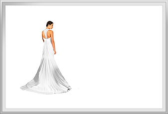 Elegant bride in white wedding dress with long train on white background