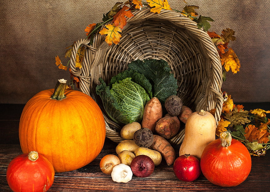 Autumn Harvest Basket with Pumpkins and Vegetables