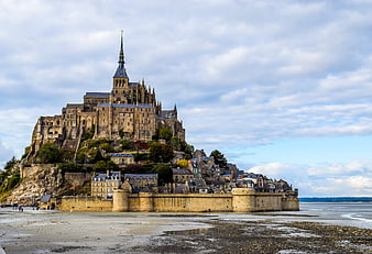 Mont Saint-Michel Abbey and Village at Low Tide in Normandy