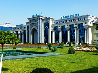 Tashkent Vokzal Railway Station Exterior With Landscaped Gardens