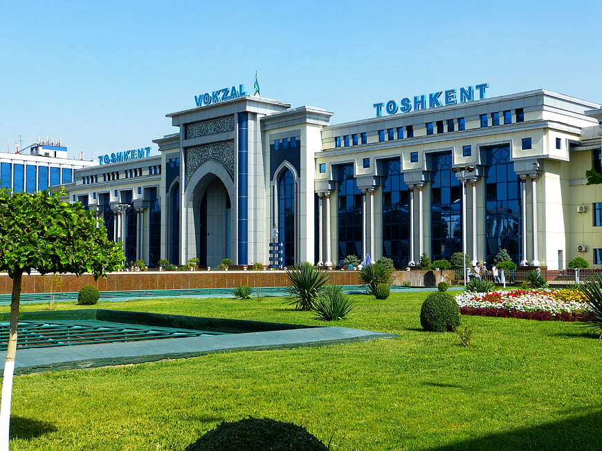 Tashkent Vokzal Railway Station Exterior With Landscaped Gardens
