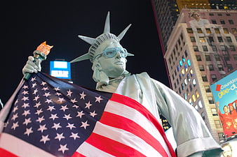 Statue of Liberty Costume with Sunglasses and American Flag