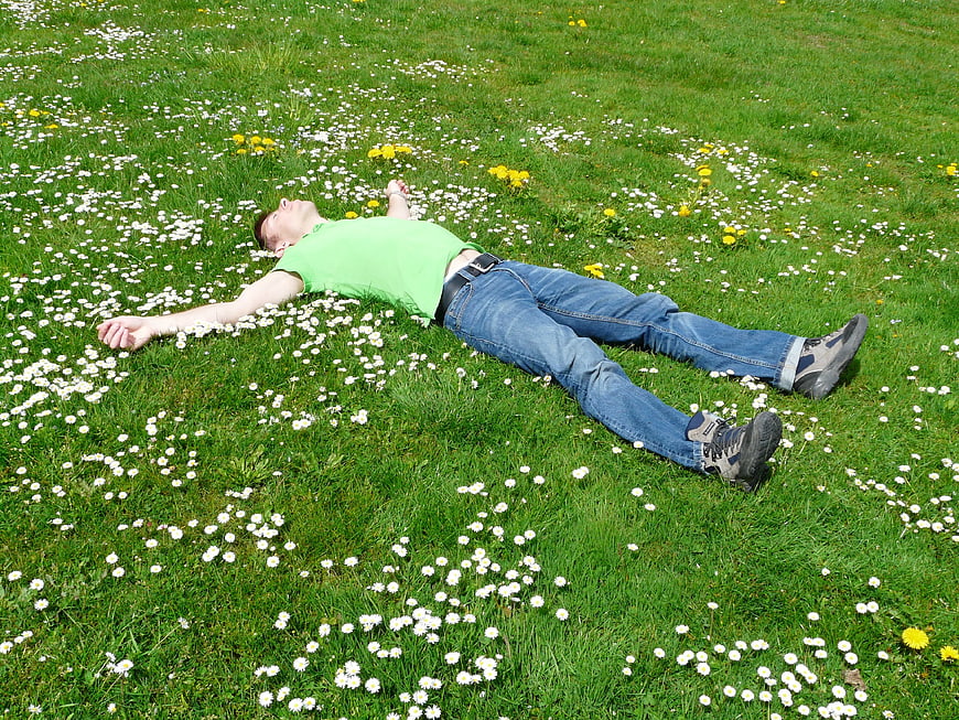 Man lying on green grass with daisies and dandelions