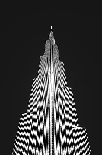 Black and white night view of Burj Khalifa skyscraper