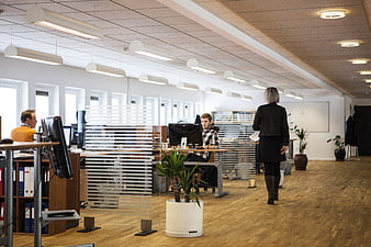 Modern open plan office with employees working at desks