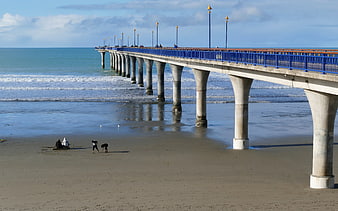 Blue Pier Extending Over Sandy Beach with Ocean Waves