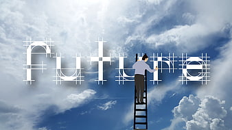 Man on ladder building the word future in the sky