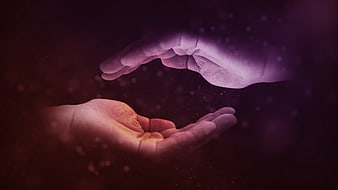 Two Hands Reaching Out in Purple and Orange Light