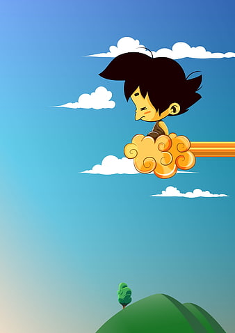 Cartoon Boy Riding Flying Cloud In Blue Sky