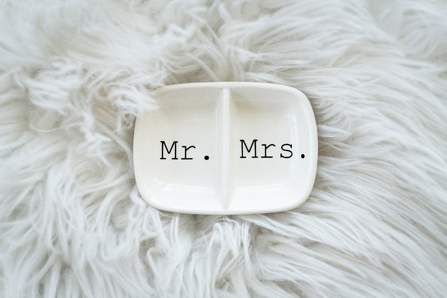 White Mr and Mrs Ring Dish on Fluffy Fur