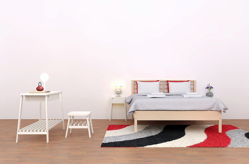 Minimalist Bedroom Interior With Wooden Bed And White Desk