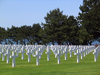 Rows of white crosses in a military cemetery landscape