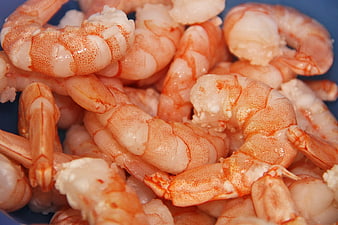 Close-up of fresh raw peeled shrimp in a blue bowl