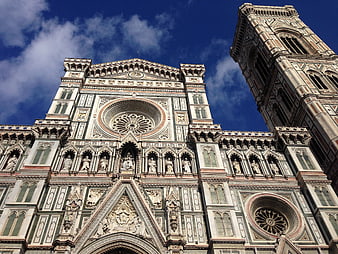 Low Angle View Of Florence Cathedral Facade And Bell Tower