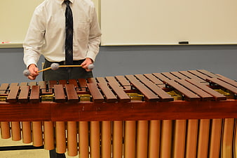 Musician playing marimba in classroom setting