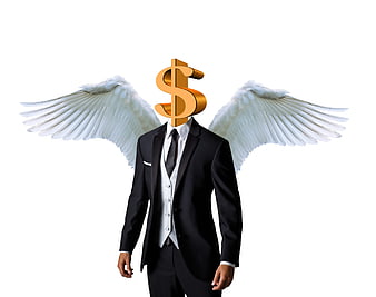 Businessman with dollar sign head and angel wings