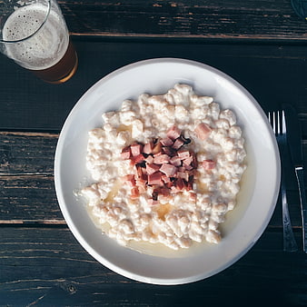 Traditional Slovak Halušky with Ham and Beer