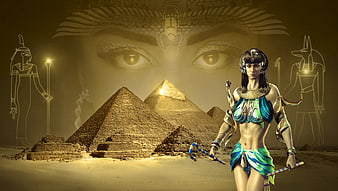 Digital Art of Egyptian Goddess with Pyramids and Hieroglyphs