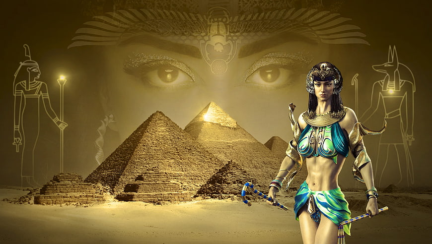 Digital Art of Egyptian Goddess with Pyramids and Hieroglyphs