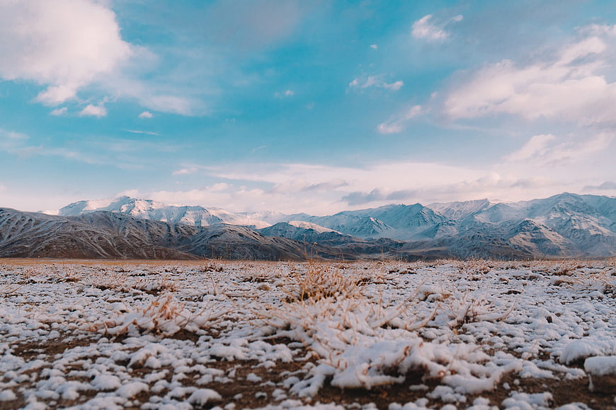 Snowy Mountain Landscape with Frosty Foreground
