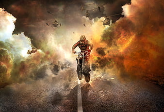 Motocross Rider Jumping Amidst Explosions and Helicopters