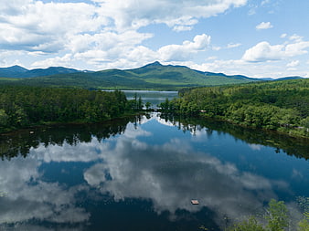 Serene Lake Reflection with Forest and Mountains