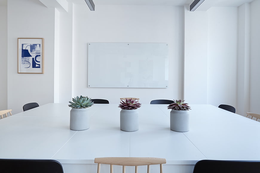 Minimalist white conference room with succulents and whiteboard