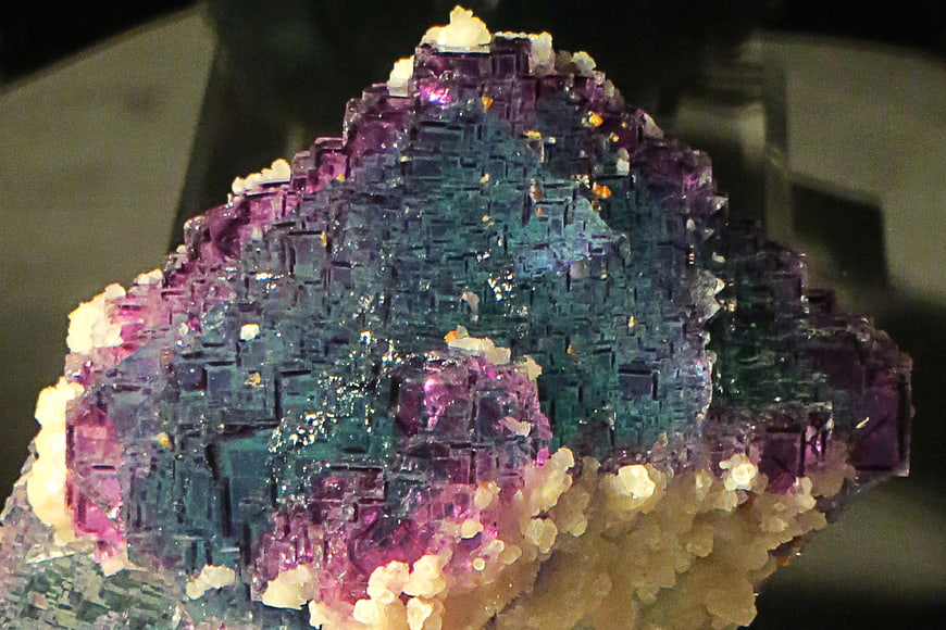 Close-up of colorful fluorite crystal with purple and blue hues