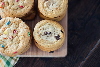 Top View of Stacked Chocolate Chip and M&M Cookies
