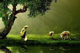 Shepherdess with Goats in Misty Green Pasture