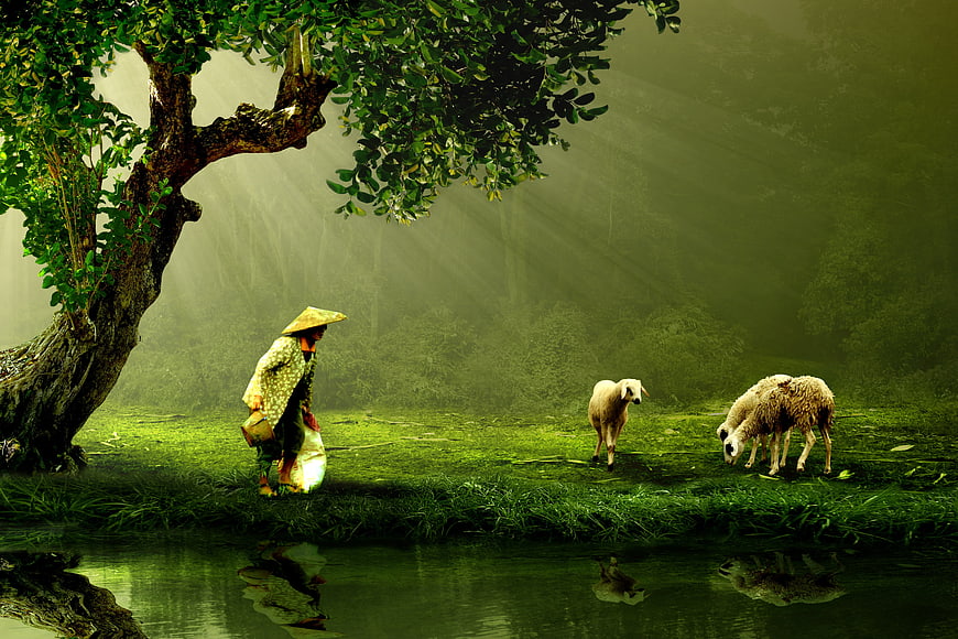 Shepherdess with Goats in Misty Green Pasture