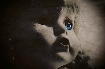 Creepy Vintage Doll Face with Blue Eye and Cracked Texture