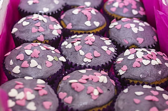 Purple Cupcakes with Heart Sprinkles in Pink Box