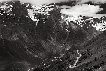 Dramatic Black and White Mountain Landscape with Winding Road