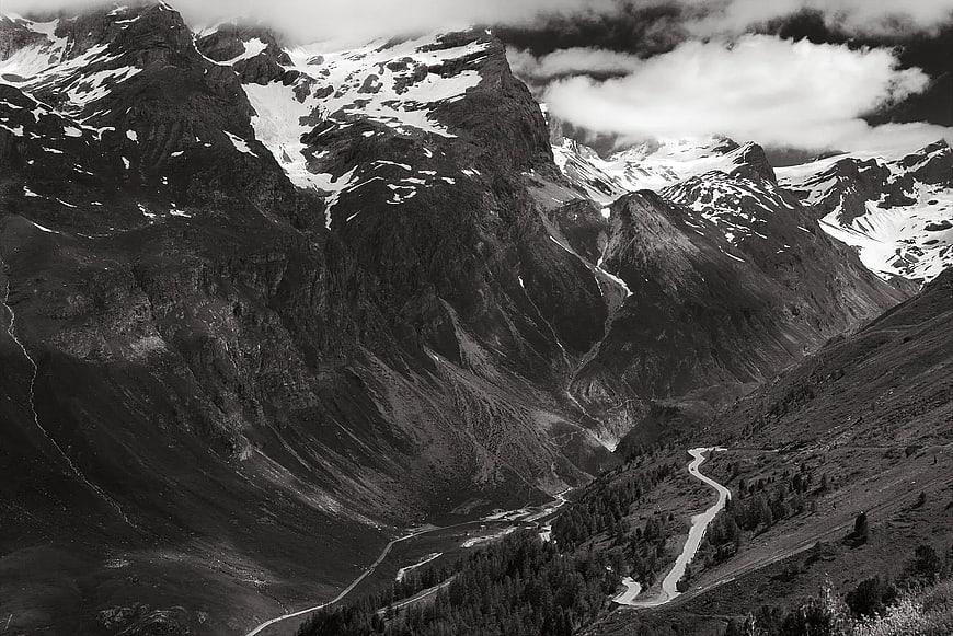 Dramatic Black and White Mountain Landscape with Winding Road