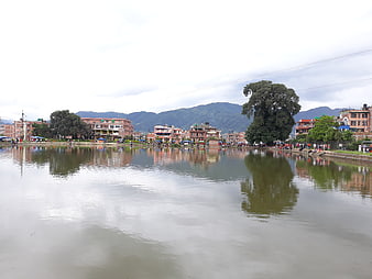 Kamal Pokhari Lake in Bhaktapur, Nepal with Mountain View