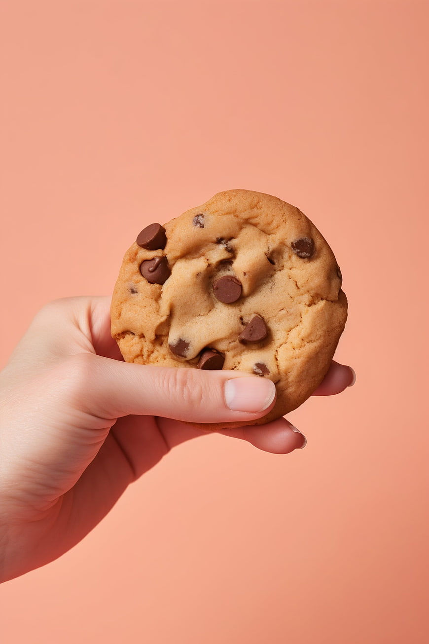 Hand holding chocolate chip cookie on pastel background
