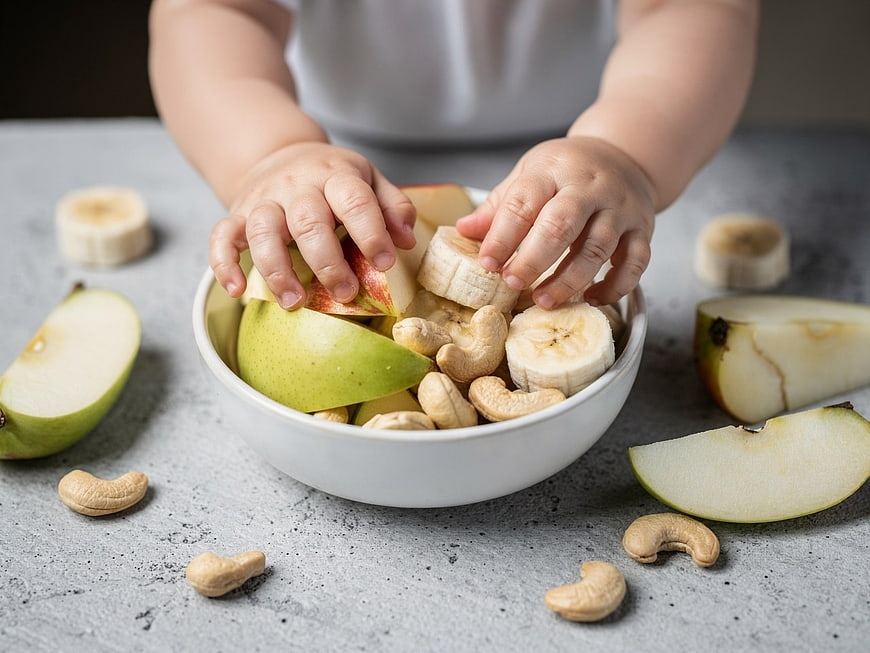 Toddler Hands Reaching for Healthy Fruit and Nut Snack Bowl