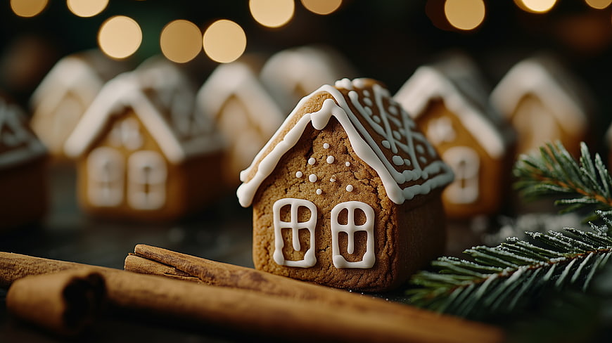 Festive Gingerbread House with Cinnamon Sticks and Pine Branch