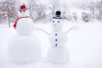 Two decorated snowmen standing in a snowy winter landscape