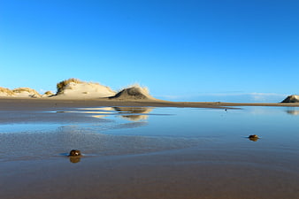 Serene Beach Landscape with Sand Dunes and Reflections