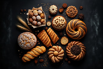 Artistic assortment of gourmet pastries and bread on dark background