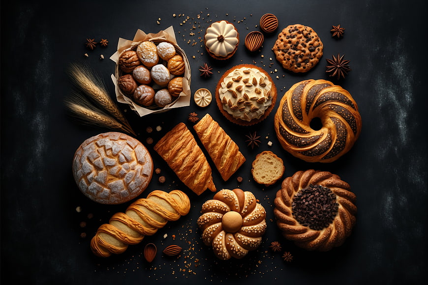Artistic assortment of gourmet pastries and bread on dark background