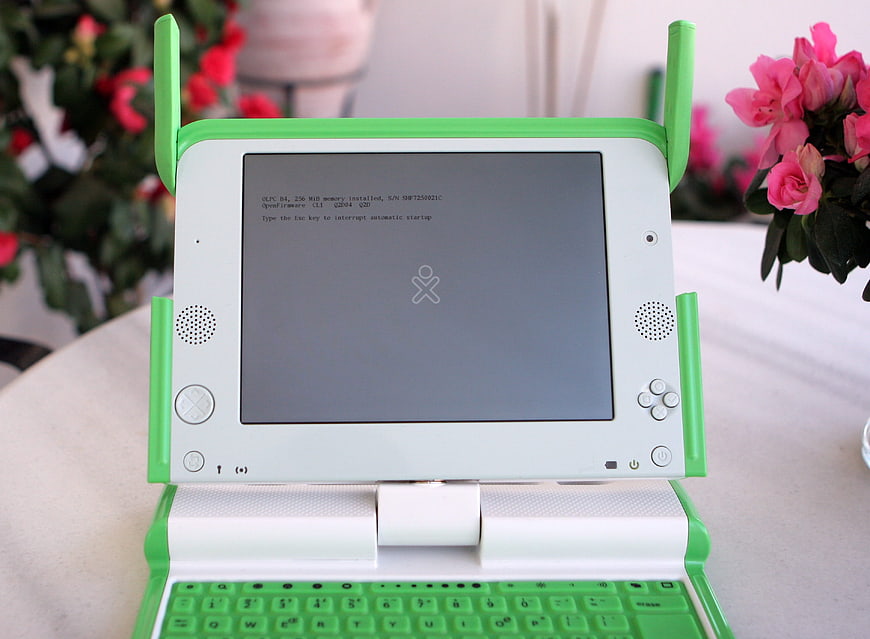 Green and White OLPC XO Laptop Booting Up