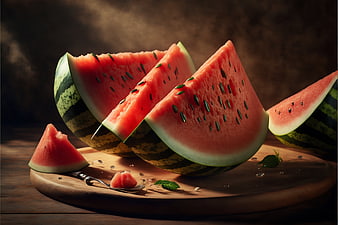 Slices of Fresh Red Watermelon on Wooden Board