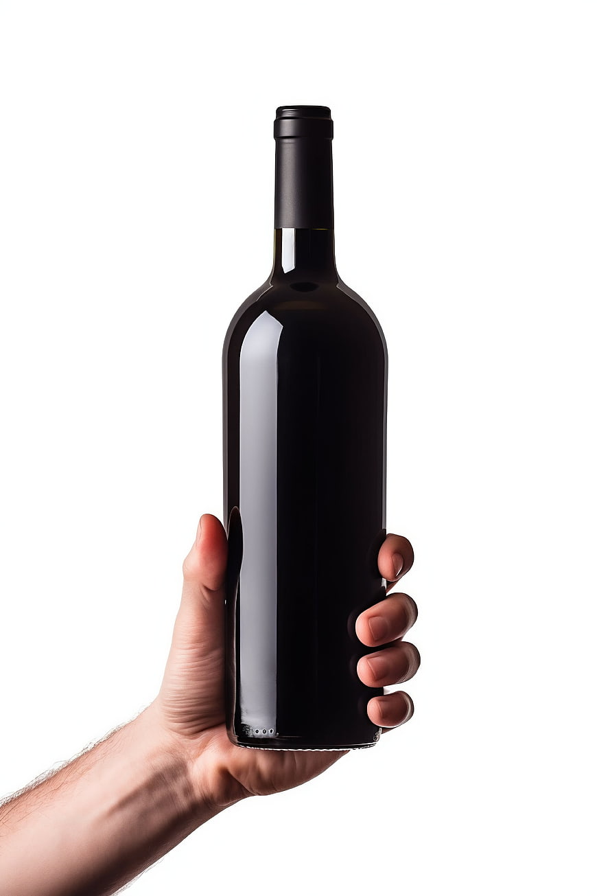 Hand holding dark wine bottle mockup on white background