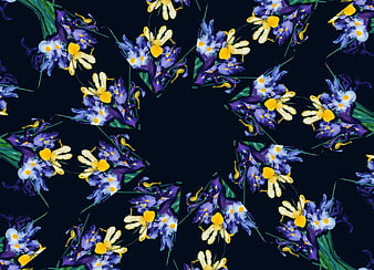Kaleidoscope pattern of purple and yellow irises on dark background