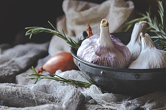Rustic Garlic and Rosemary in Metal Bowl