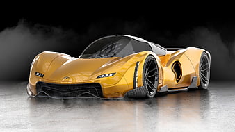 Futuristic Yellow Concept Sports Car In Dark Studio With Smoke