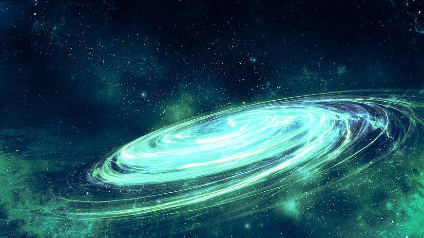 Spiral Galaxy in Deep Space with Glowing Cyan and Green Nebula